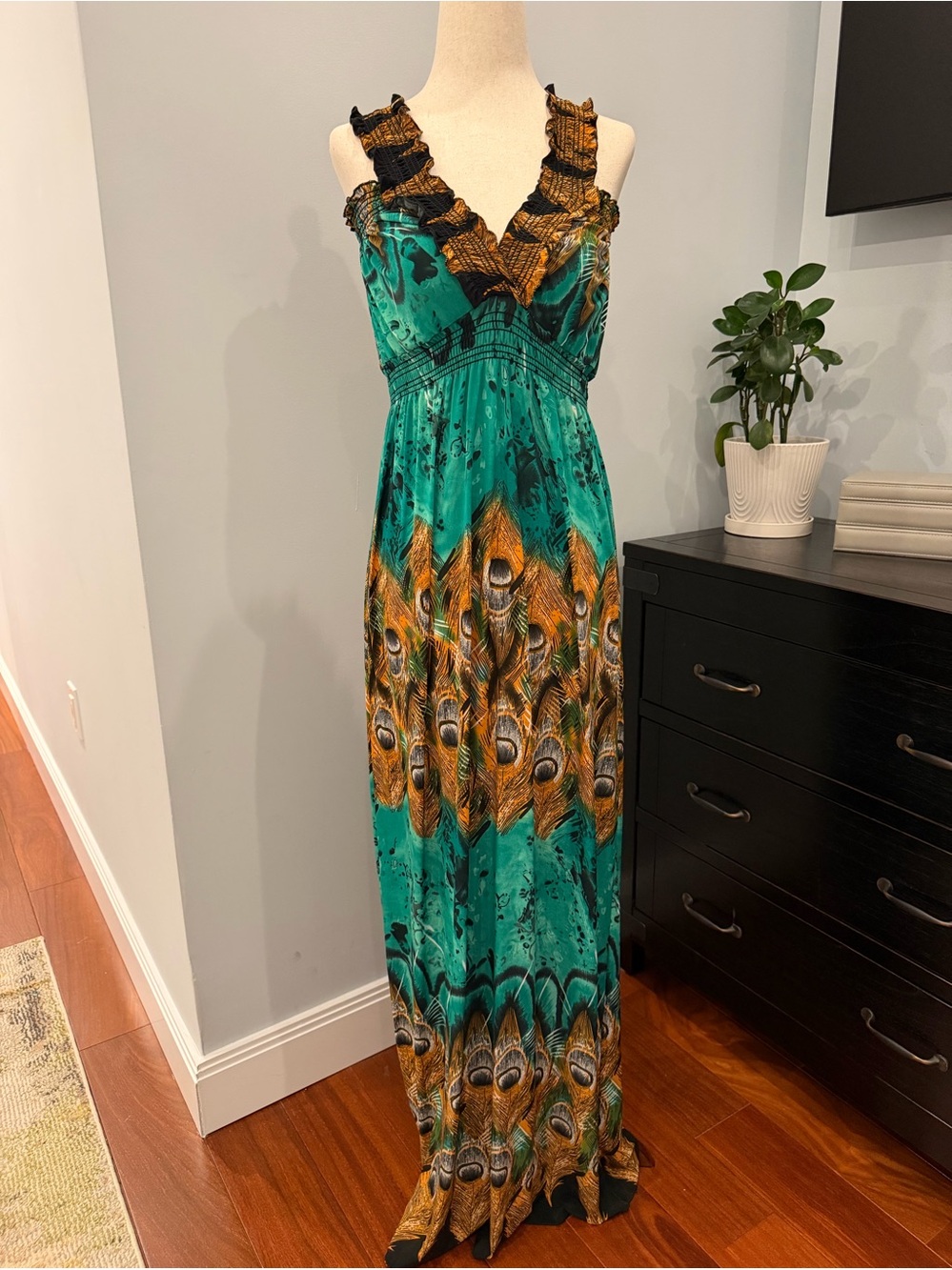 Peacock-Print Teal Ruffle-Strap Maxi Dress
